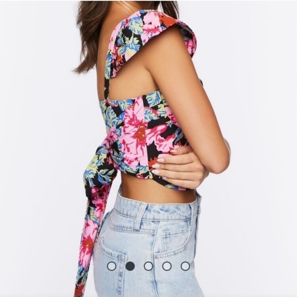 Forever 21 Floral Ruffle Sleeve Crop Top Corset Back With Tie Size XS - Picture 2 of 9